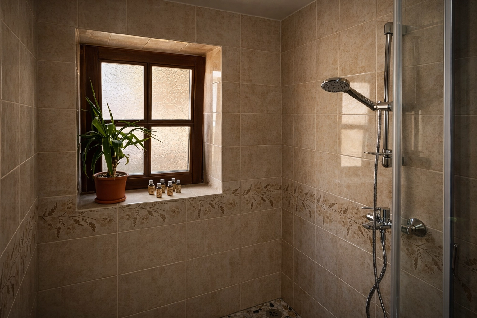 Cabina de duș cu perete de sticlă și finisaje rustice