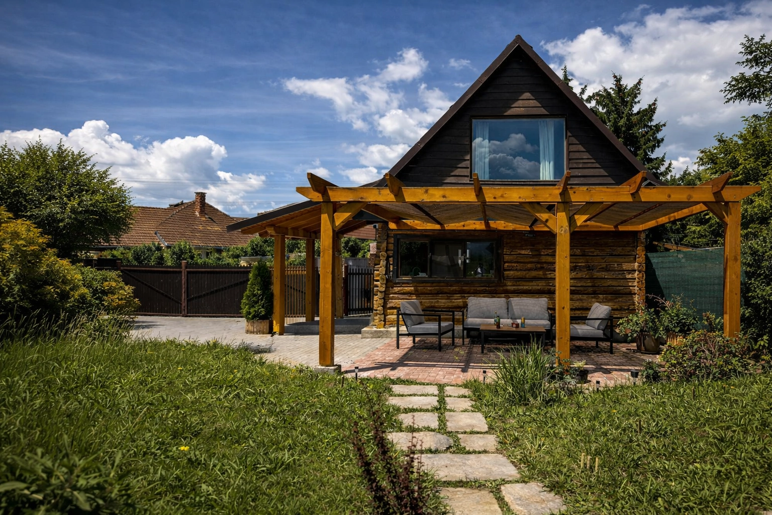 Fațadă exterioară cu elemente tradiționale și detalii rustice