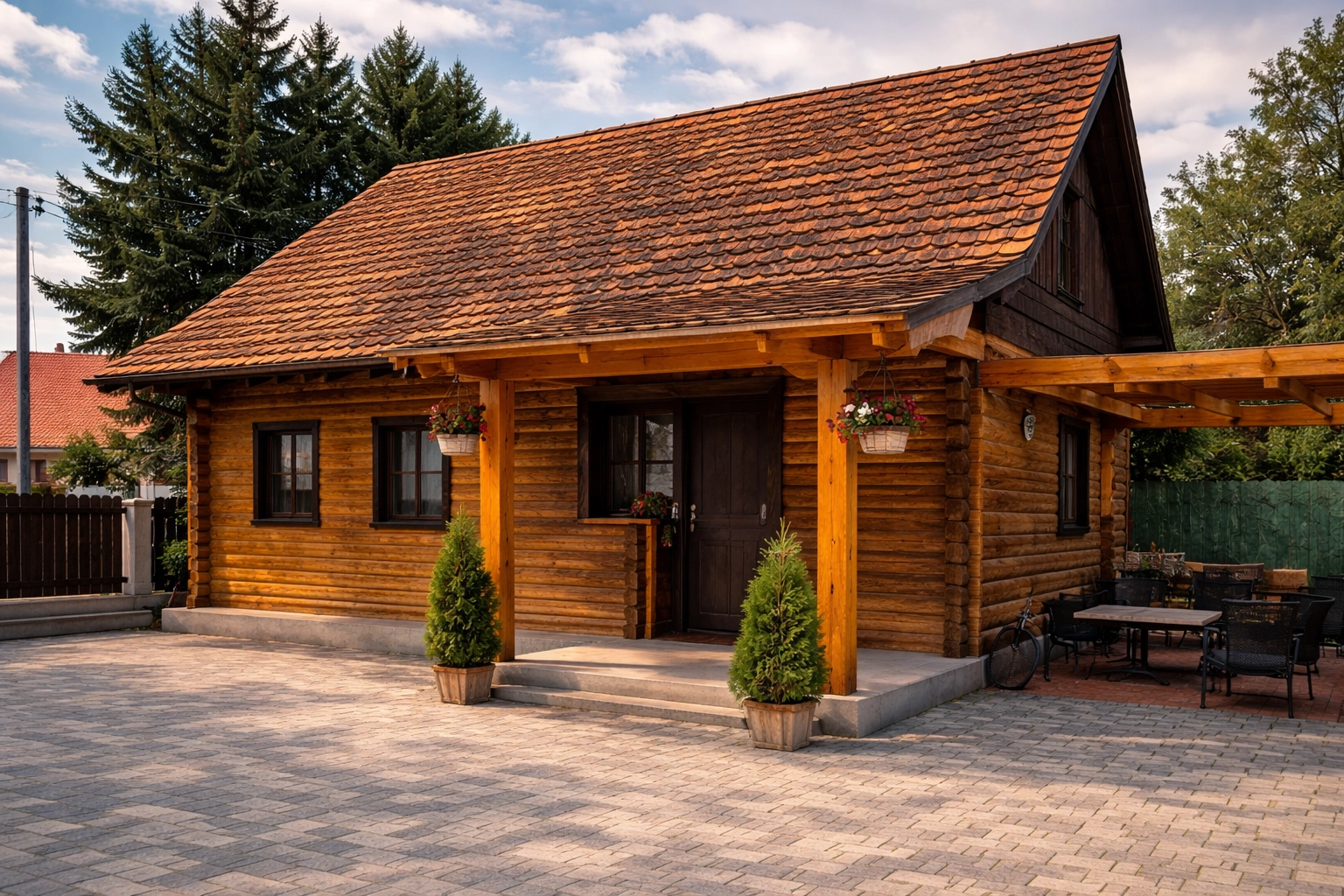 Vedere laterală a casei cu detalii rustice și armonie naturală