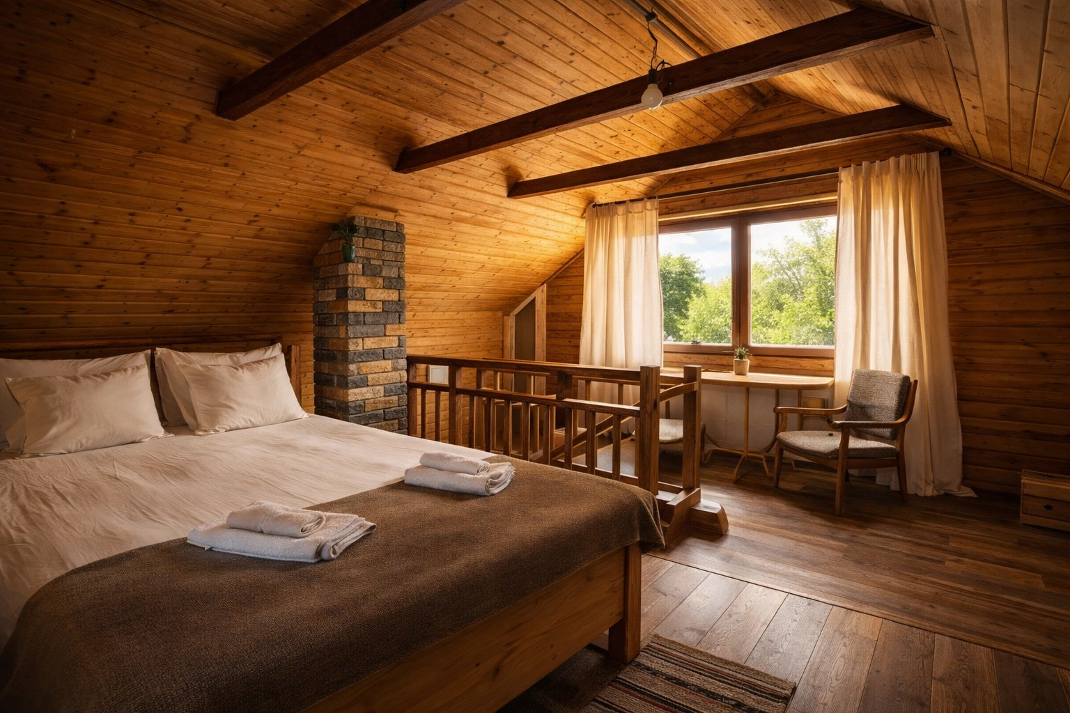 Dormitor principal cu pat king size și mobilier rustic