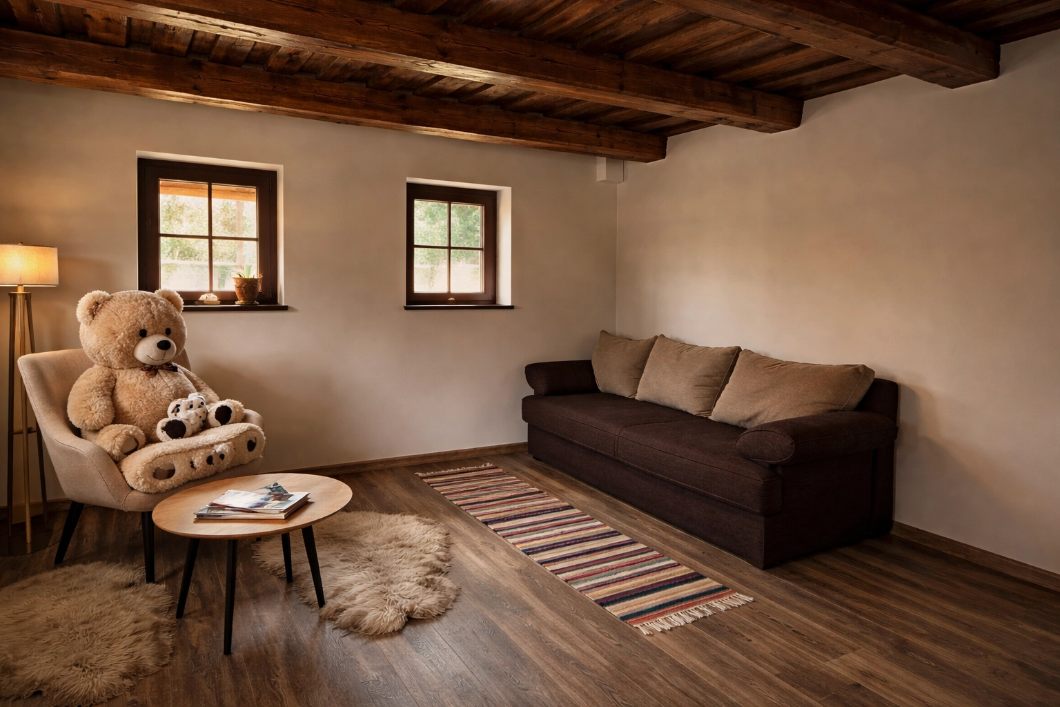 Living spațios cu mobilier rustic și atmosferă caldă
